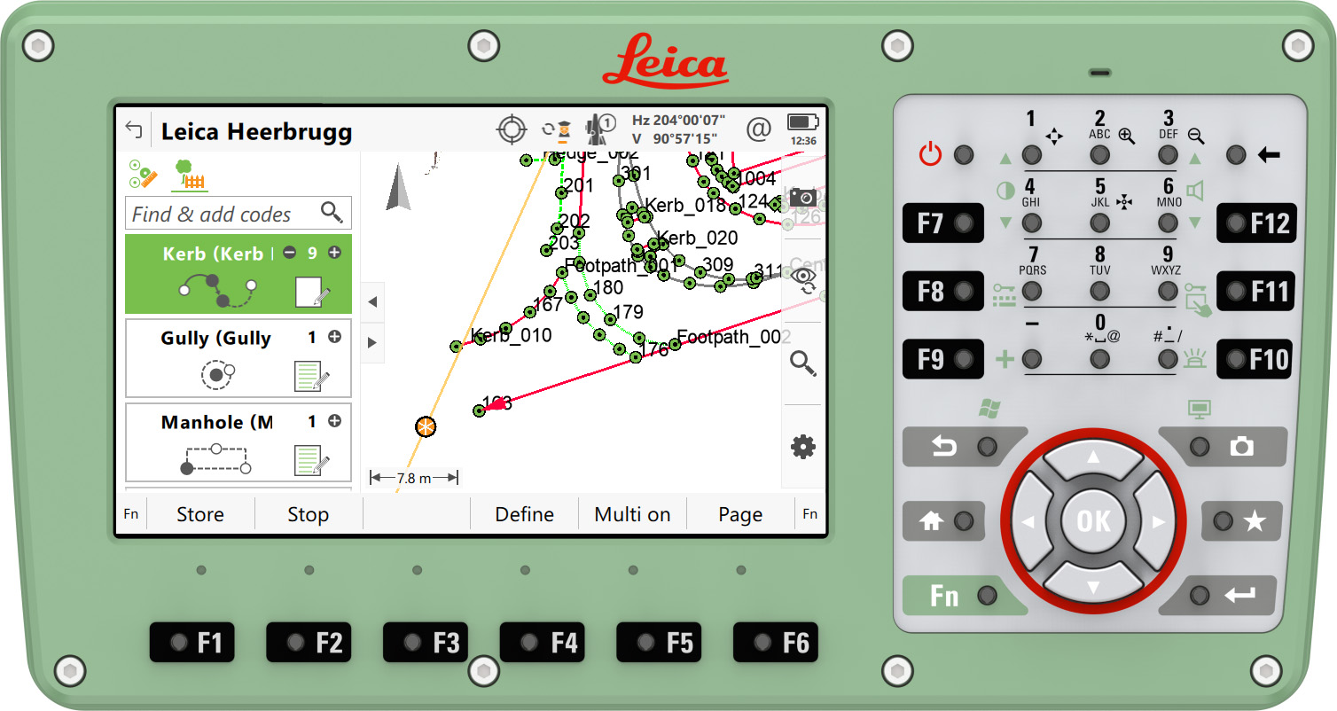 CS30 field controller showing a Leica Captivate Rail App screenshot of the stake track application.